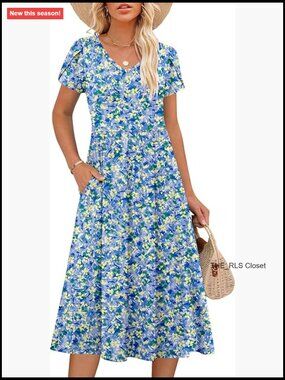 Short Sleeve Midi Dress V Neck A-Line Flowy with Pockets